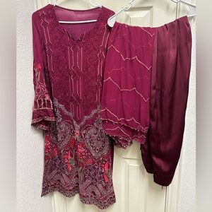 Elegant Maroon Embroidered Dress Set